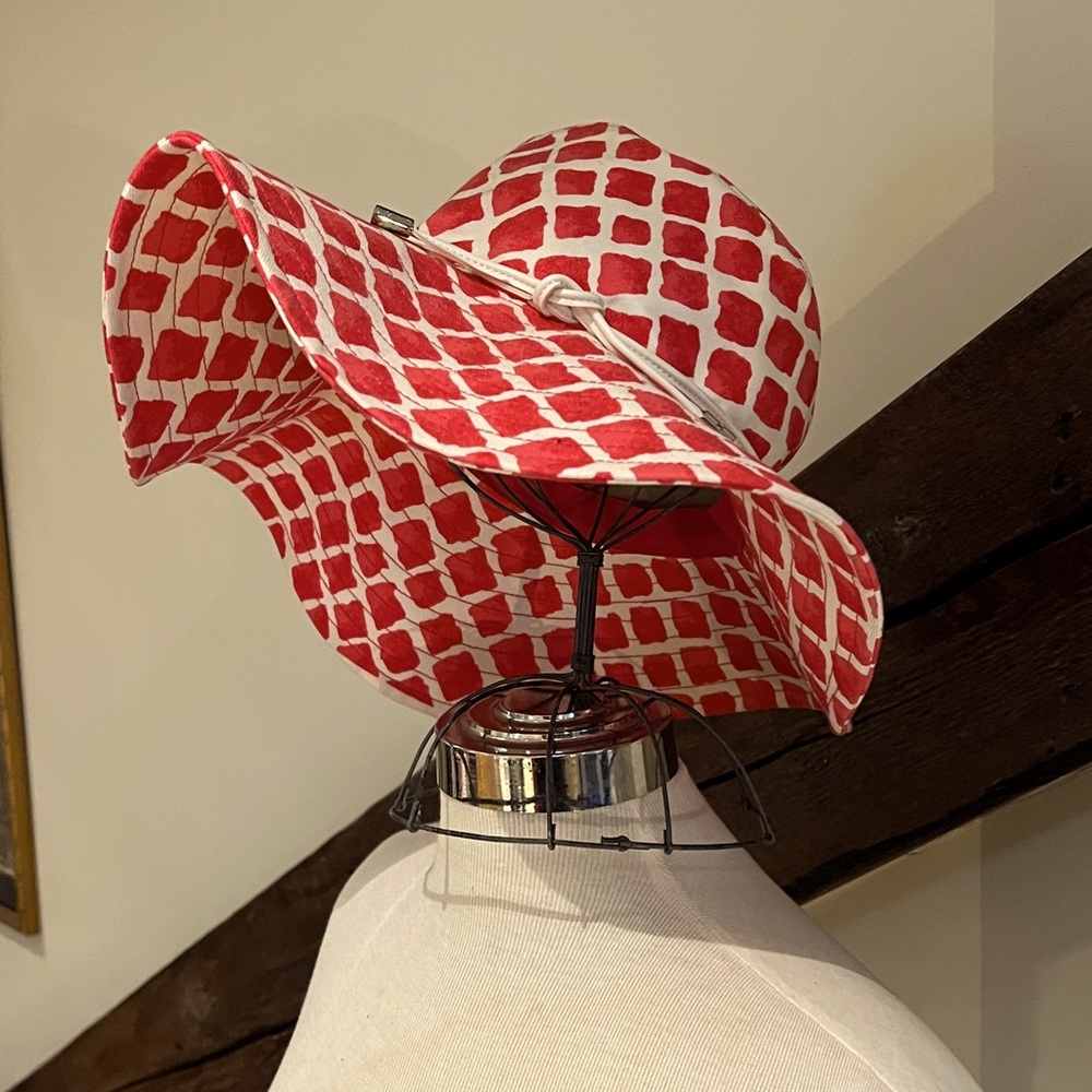 Coach Full Brim Beach Hat- Cotton Canvas Sun Red & Cream Tile Pattern Size M/L